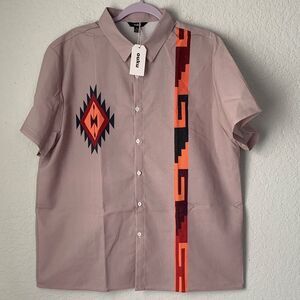 NWT OUKU Men's Linen Blend Shirt Aztec Print Beige Red Orange Size 2XL
